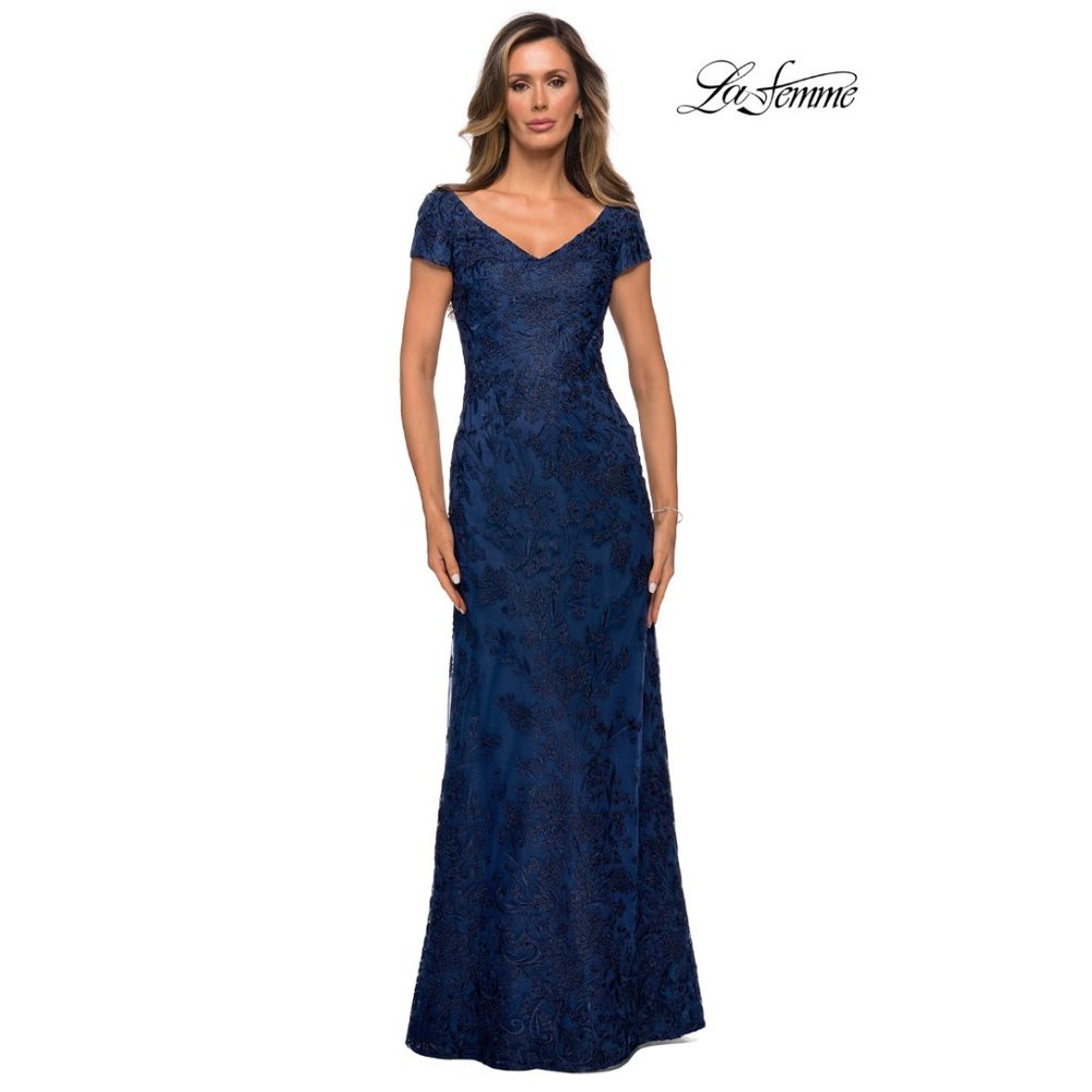 NWOT La Femme Blue Lace Cap Sleeve V-Neck Formal Gown - Size 2
